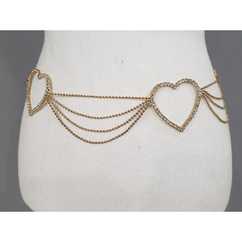 Vintage Rhinestone hipster belt heart GOLD y2k 80s 90s bratz belly waist chain